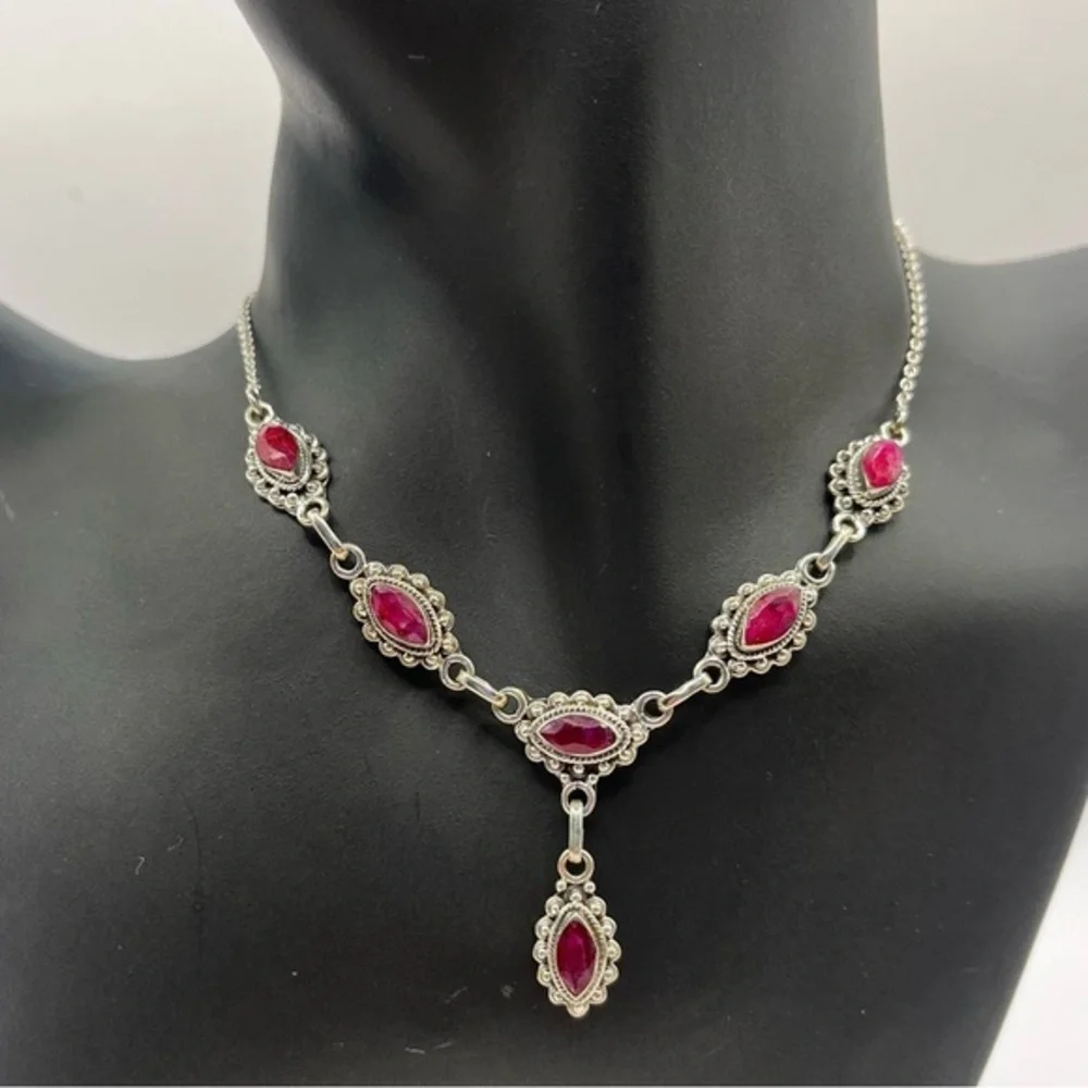 Marquise Cut Genuine Ruby Vintage 925 Sterling Silver Necklace - Picture 1 of 3